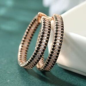 Boutique  Gold and Black Crystal Hoop Earrings 14K